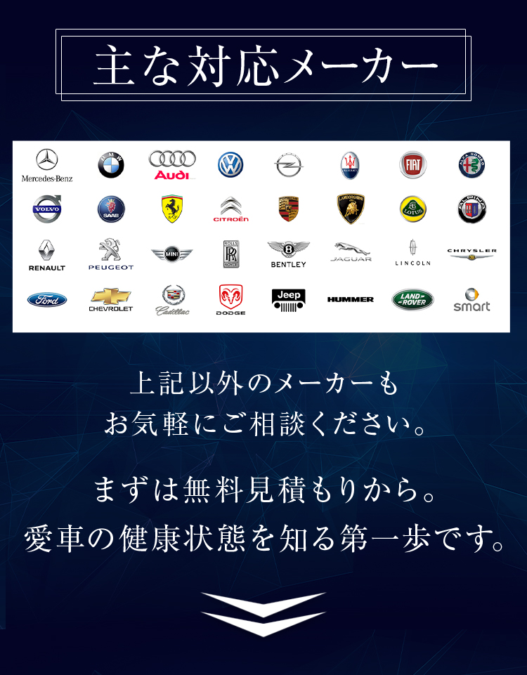 主な対応メーカー：Mercedes-Benz, BMW, Audi, VW, Porsche, Ferrari, Lamborghini, Ford, Jeepほか